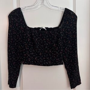 Oak + Fort Black Floral, Smocked, puffed long-sleeve, Square-Neck Crop Top — XS